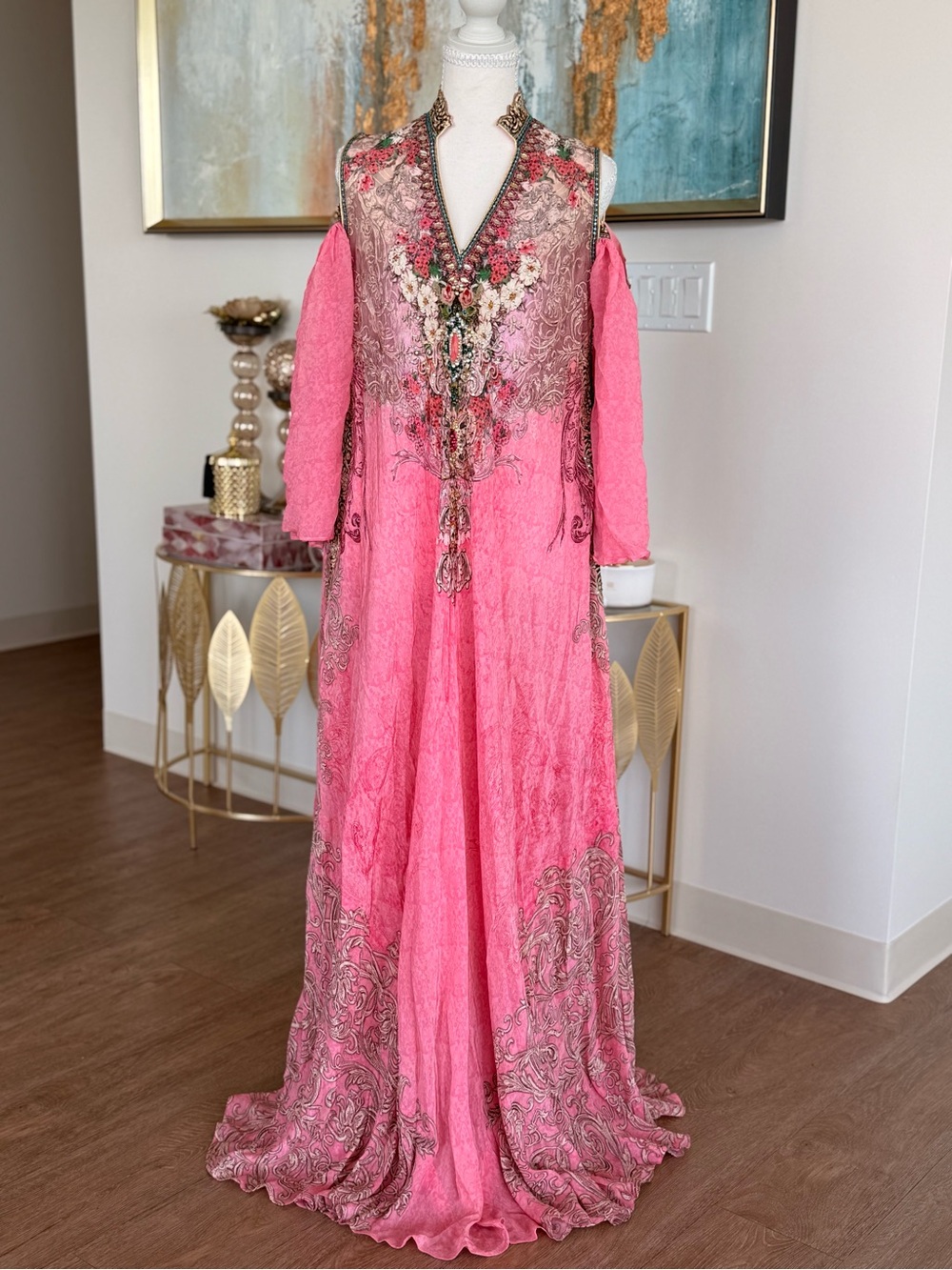 Embroidered Pink Cold-Shoulder Maxi Dress